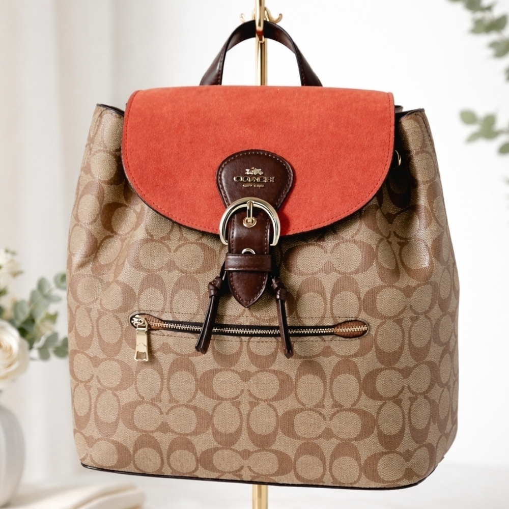 Coach Signature Canvas Backpack Khaki Brown Tan Coral Flap Buckle Front Bag